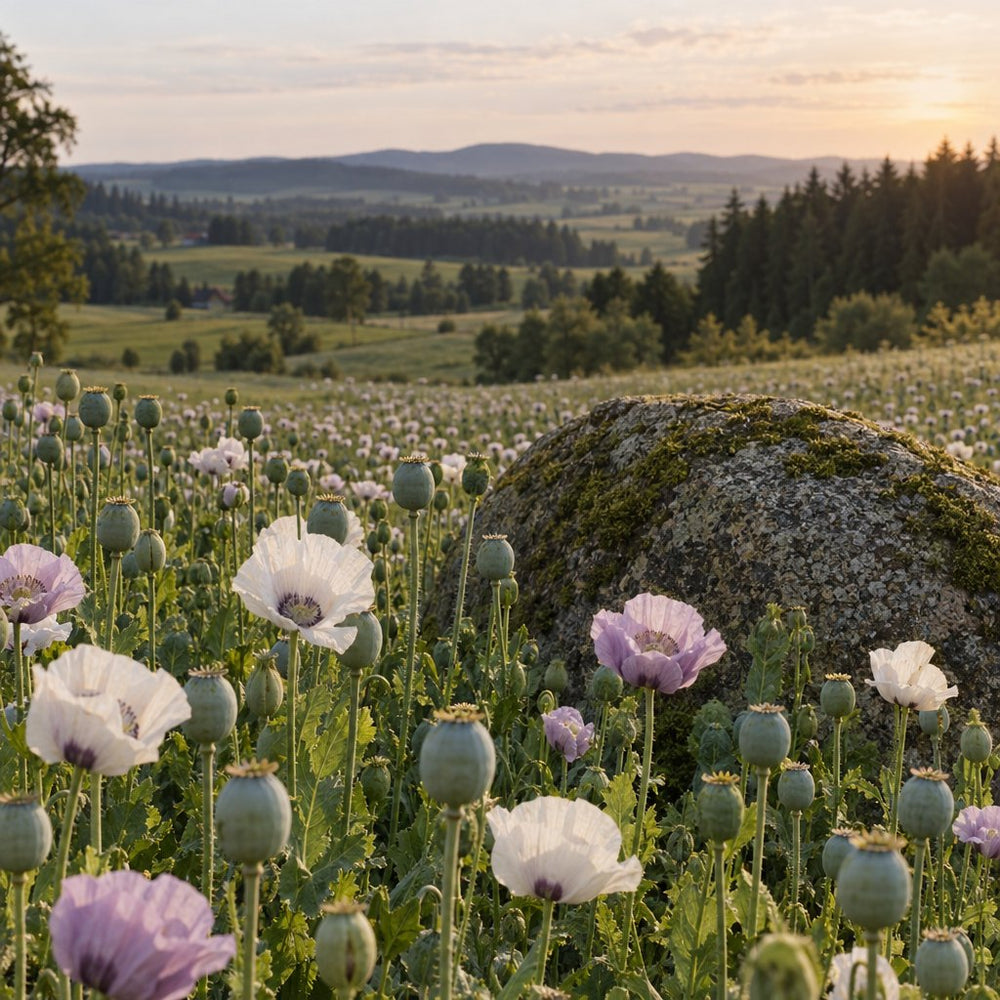 Graumohnfeld im Waldviertel mit Granitstein