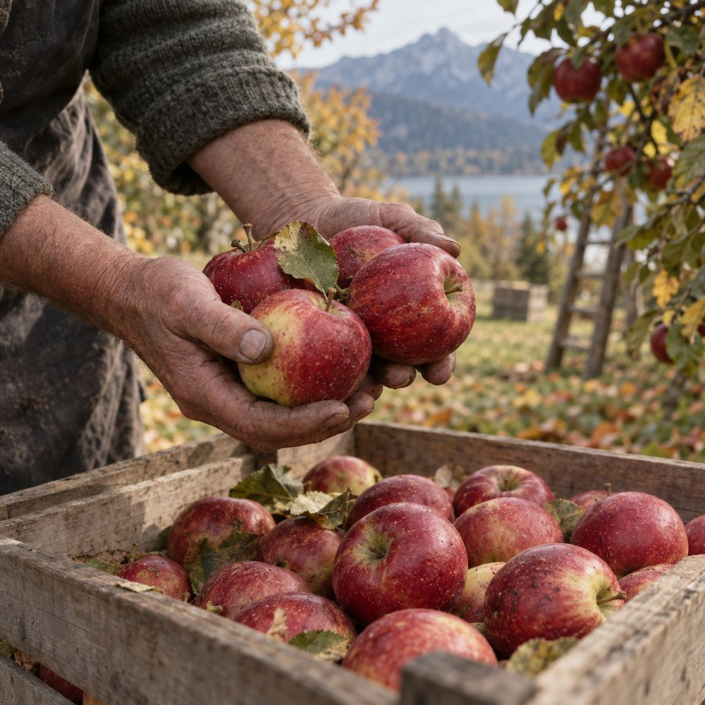 Frisch gepflückte Äpfel in einer Holzkiste