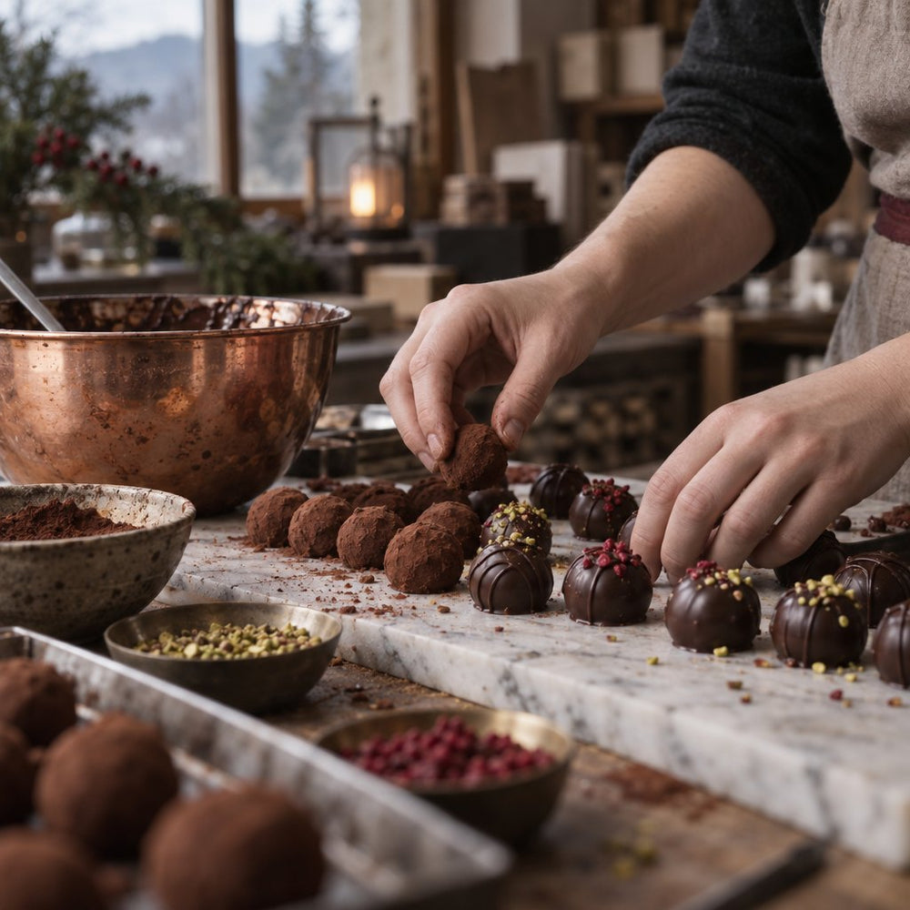 Handgemachte Pralinen auf einer Marmorplatte