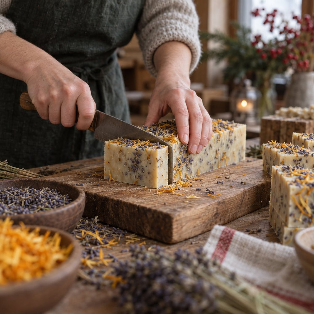 Naturseife mit Lavendel und Ringelblume wird geschnitten