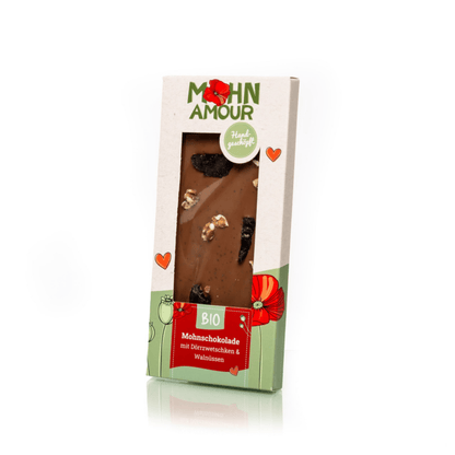 BIO Mohnschokolade mit Dörrzwetschken, Walnuss