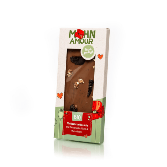 BIO Mohnschokolade mit Dörrzwetschken, Walnuss
